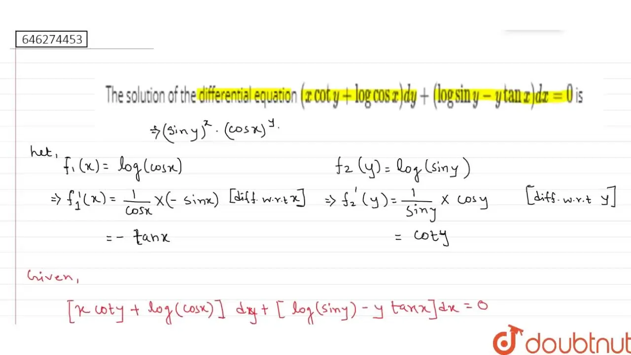 [Bengali] The solution of the differential equation (xcoty+logcosx)dy+