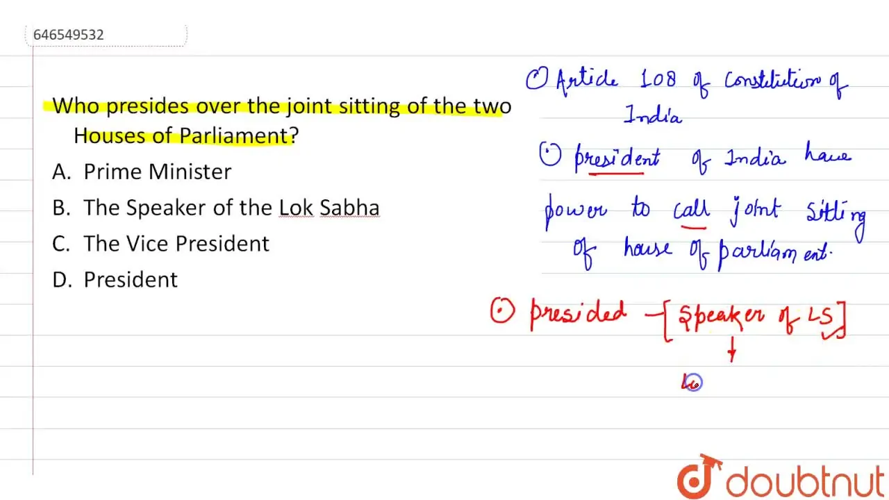 Who Presides Over The Joint Sitting Of The Two Houses Of Parliament 