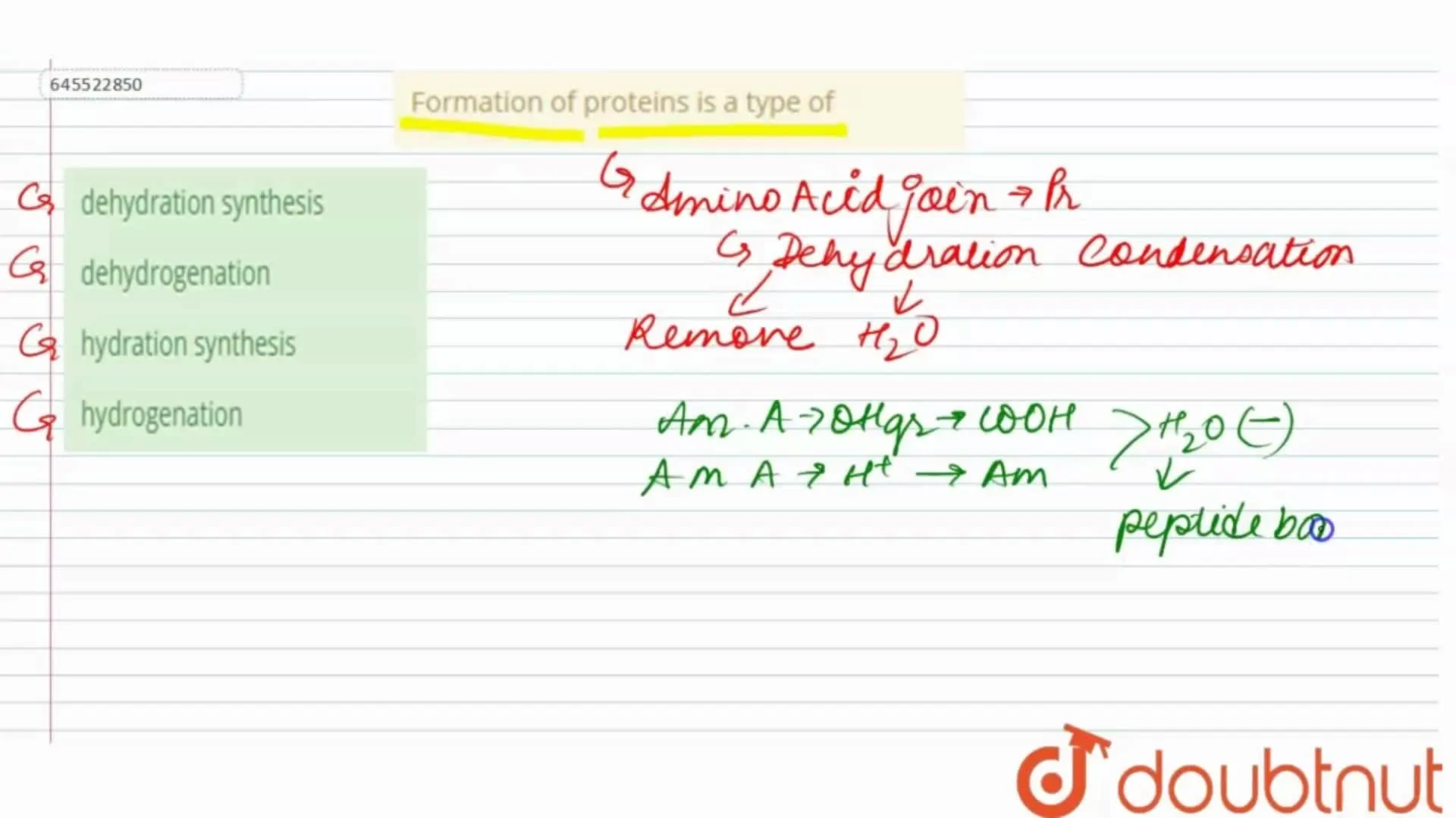 [Bengali Solution] Formation of proteins is a type of