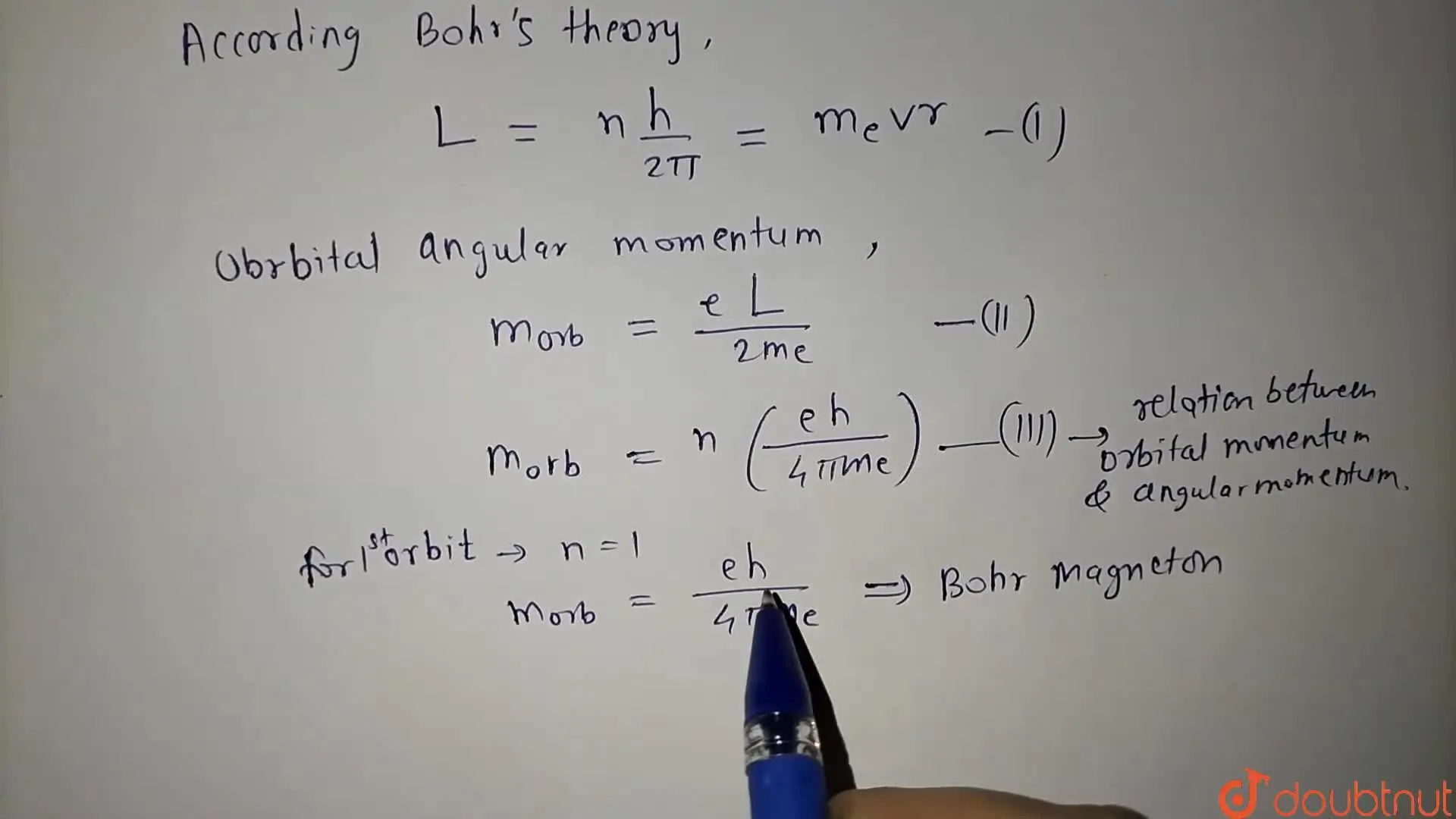 [Marathi] State the relation between orbital moment of an ele