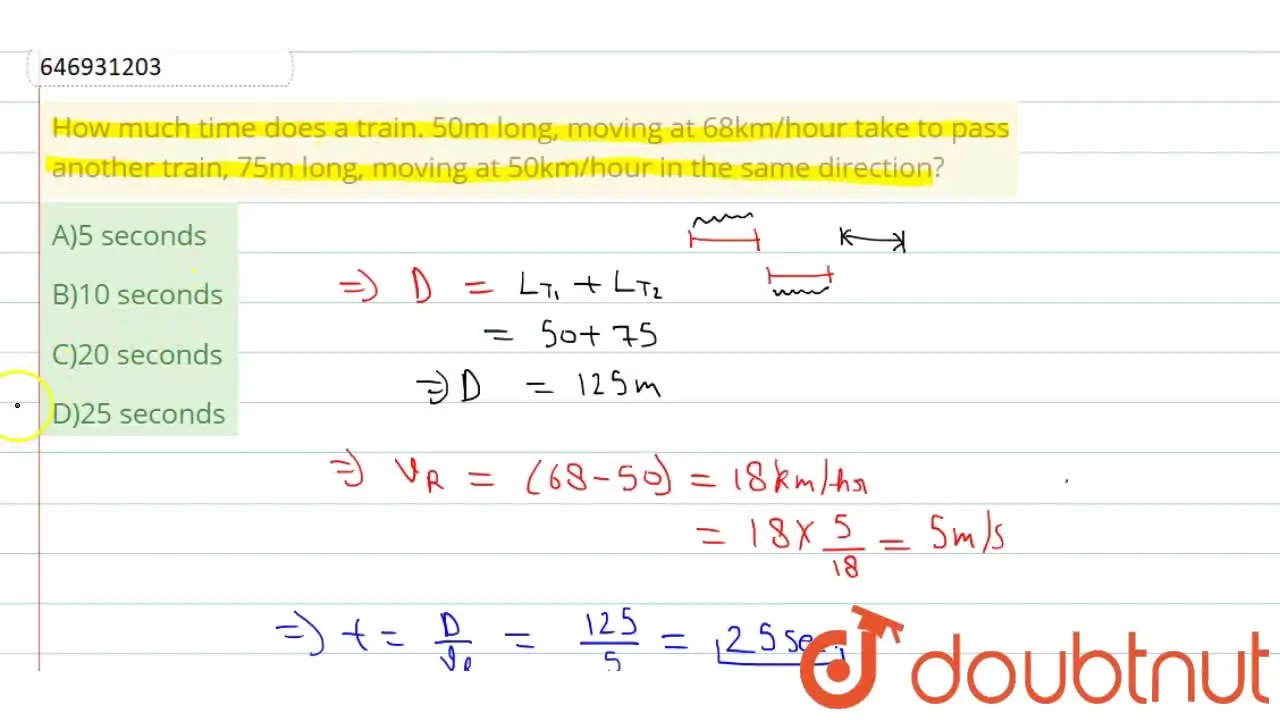 How much time does a train. 50m long, moving at 68km/hour take to pass