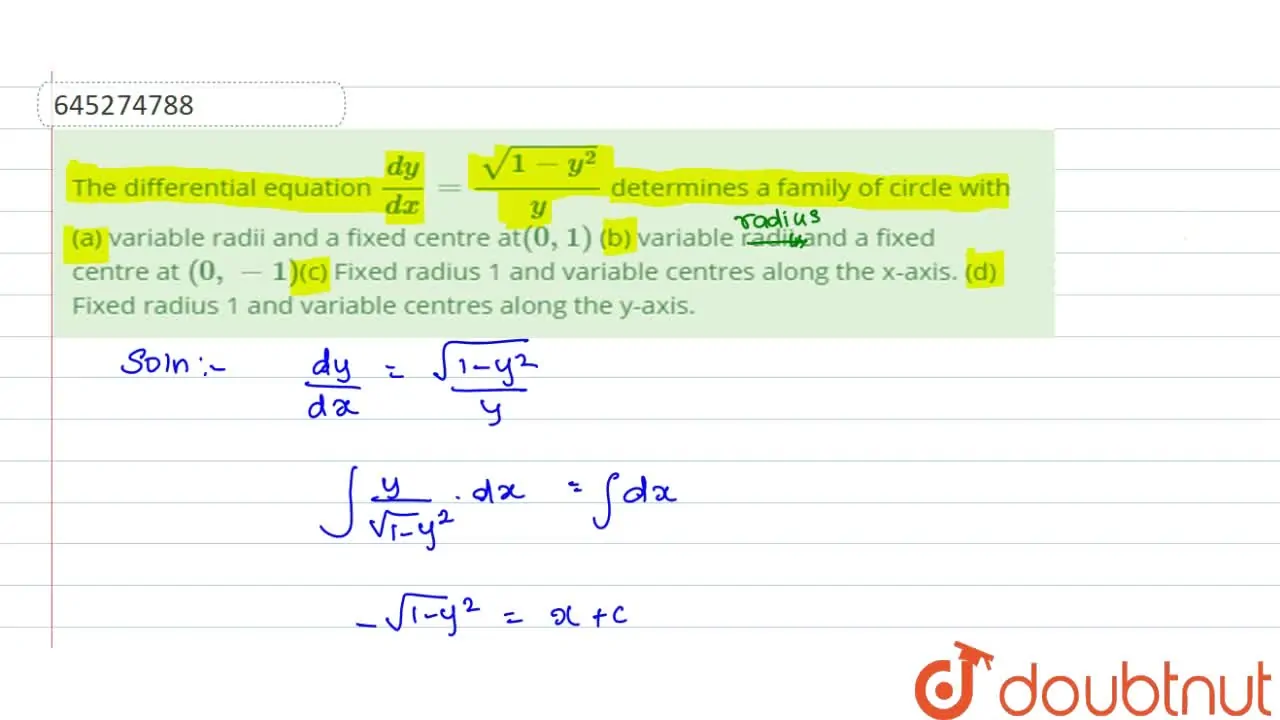 [Tamil] The differential equation (dy)/(dx)=(sqrt(1y^2))/y determines
